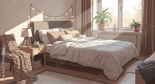 Cozy bedroom interior with bed nightstand and plants on transparent background