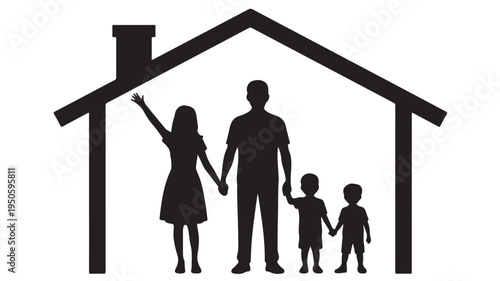 Family silhouette with parents and children in a protective house outline, minimalist black and white vector illustration for home security and real estate.