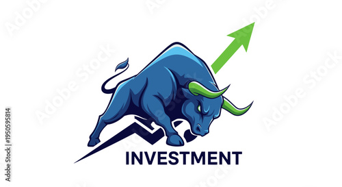 A dynamic blue bull with green horns, symbolizing a bullish market trend, standing on a financial graph with an upward green arrow and the word "INVESTMENT".