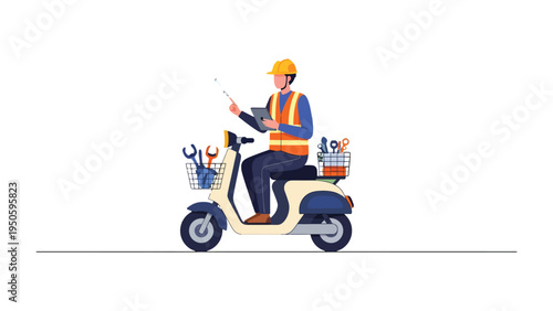 Expert Ride and Repairs: A skilled service person, equipped with essential tools and documentation, navigates an electric scooter for efficient on-site maintenance and swift solutions.