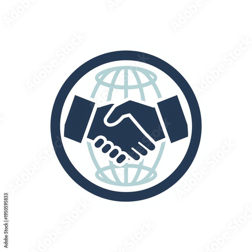 Dark Blue Handshake Icon with Globe Inside Circle