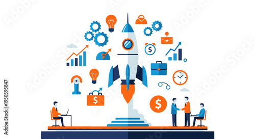 Illustration of a startup business concept with a rocket launch, surrounded by various icons representing innovation, growth, strategy, and teamwork.