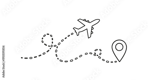 A simple line art illustration depicting an airplane flying along a dotted path towards a location pin icon, symbolizing travel and destination.