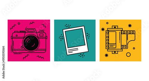 Set of 3 colorful camera icons vector