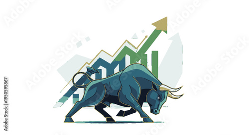 A powerful bull stands in front of an upward-trending stock market graph and bar charts, symbolizing financial growth and a bullish market trend.