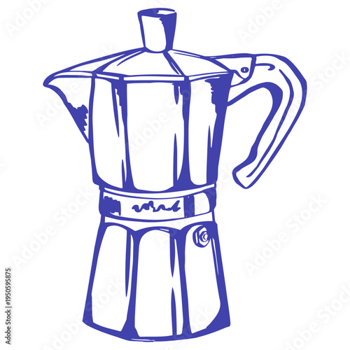 Blue line drawing of a classic moka pot on a light background. Simple coffee maker illustration with retro kitchen character, ideal for culinary prints, packaging, labels, menus, and stationery.
