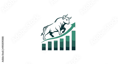 A powerful bull stands atop a rising bar graph with an upward arrow, symbolizing a strong bullish market trend and financial growth.