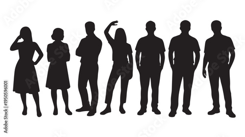 Diverse group of people silhouettes in anonymous modern style with stark black and white contrast as a clean vector graphic for demographic representation.