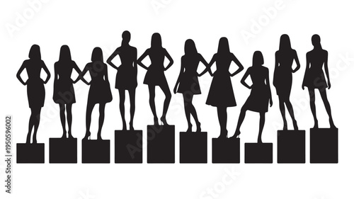 Diverse female silhouettes standing on varying pedestals in a competitive minimalist graphic style with stark black and white contrast for ranking and achievement visualization.
