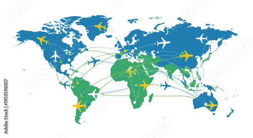 World Map with Airplanes and Dotted Travel Routes Illustrating Global Logistics on Isolated White Background