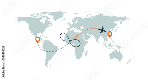 World map with an airplane icon showing a travel route connecting two distant locations, forming an infinity symbol.