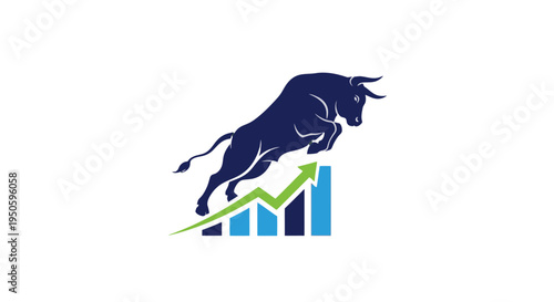 Dynamic bull leaping over a rising bar chart with an upward arrow, symbolizing financial growth and a bullish market trend.