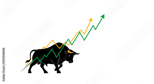 A powerful black bull stands in front of two upward-trending line graphs, symbolizing a strong bull market and financial growth.