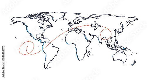 A world map illustrating global travel routes with an airplane icon and dotted lines indicating flight paths across continents.