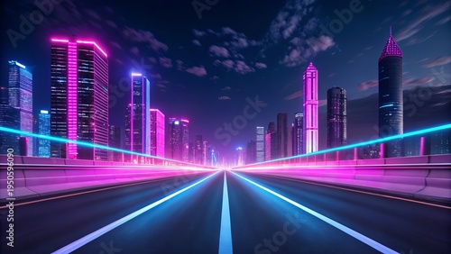 Futuristic cityscape at night with neon lights, highway leading to modern skyscrapers, vibrant purple and blue glow