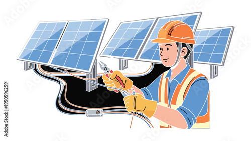 Harnessing the Sun's Power: A skilled technician works diligently on solar panels, symbolizing the advancements in renewable energy. 