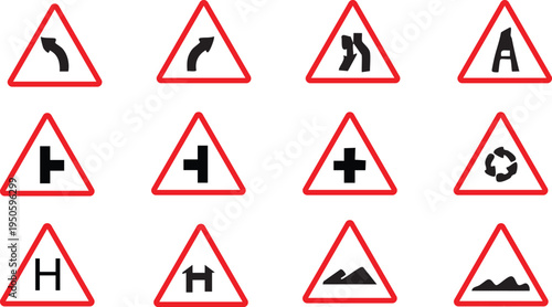 A comprehensive set of road signs featuring vector icons for traffic safety and warning symbols like red stop signs and yellow hazard triangles isolated on street way directions