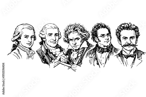 Handcrafted Portraits inspired Wolfgang Amadeus Mozart, Joseph Haydn, Ludwig van Beethoven, Franz Schubert, Johann Strauss Composers Classical Music Vienna, Vector | isolated on transparent background