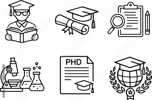 PhD academic research education line icons. Vector