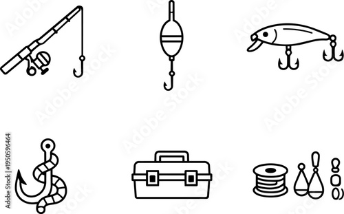Fishing equipment tools tackle gear line icons. Vector