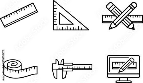 Measurement tools engineering drafting line icons. Vector