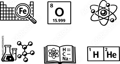 Chemistry science education laboratory line icons