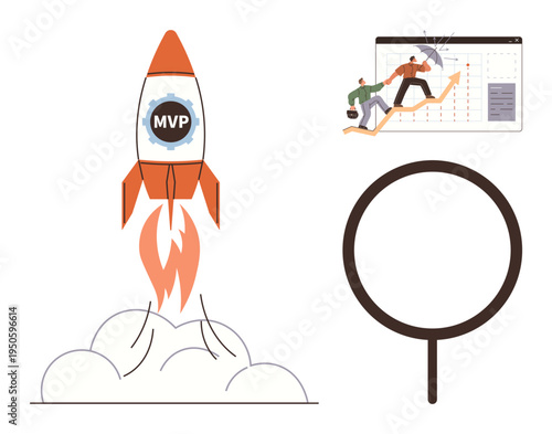 Entrepreneurship, business growth, startup innovation, market research, product development, teamwork. Rocket launching with MVP label, chart with growth trend large magnifying glass. Startup