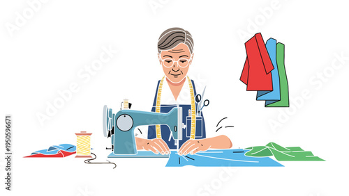 Tailor Crafting: A skilled tailor meticulously works at a sewing machine, creating garments with precision and care, surrounded by fabrics and tools of his trade.