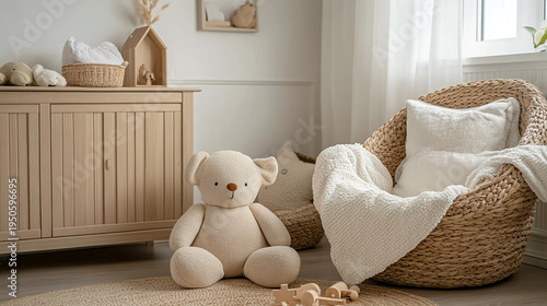 Wallpaper Mural Cozy scandinavian style nursery with plush teddy bear wicker chair and wooden furniture soft natural light Torontodigital.ca