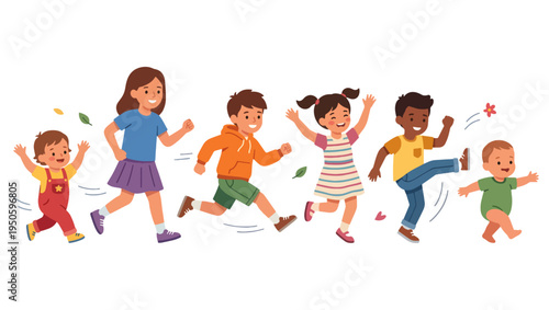 Playful Children Vector Illustration Kids Running and Walking Cartoon Characters Isolated on PNG Background, children, kids, playful children, kids running, kids walking, children vector, kids vector,