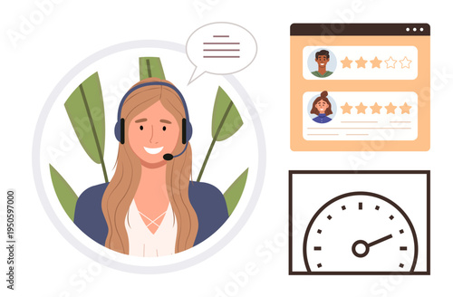 Customer service, feedback ratings, online reviews, telecommunication, user experience, performance evaluation. Smiling woman in a headset, star reviews and a speed gauge. Customer service