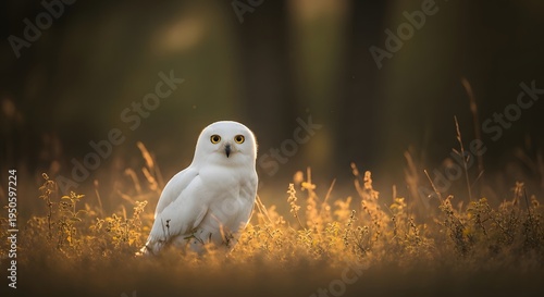 A white owl sitting in a field of golden grass