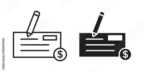 Money check icon concept. Glyph and line vector illustrations on white background