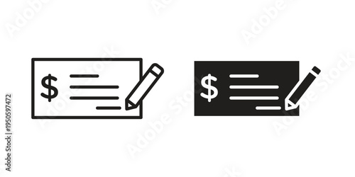 Money check icon concept. Glyph and line vector illustrations on white background