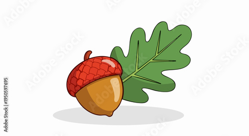 Vibrant cartoon style vector illustration of a single brown acorn with a textured red cap, accompanied by a green oak leaf, isolated on a clean white background
