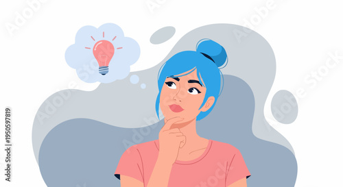 Young woman with blue hair bun thinking, looking up with a thoughtful expression, having a creative idea represented by a glowing lightbulb in a thought bubble