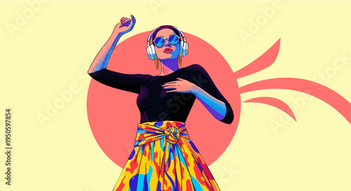 Vibrant vector illustration of a stylish woman dancing with headphones and sunglasses, featuring a colorful skirt and a dynamic pop art aesthetic on a light yellow background with a red circle.