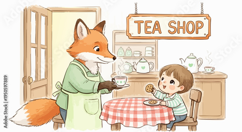 Charming watercolor illustration of a friendly fox serving tea to a happy child in a cozy tea shop, perfect for children's books and whimsical designs.