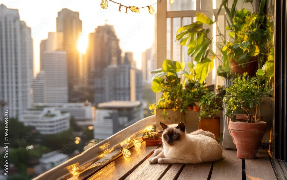 Obraz premium Cat Lounging on Balcony Overlooking Brilliant City Skyline at Sunset