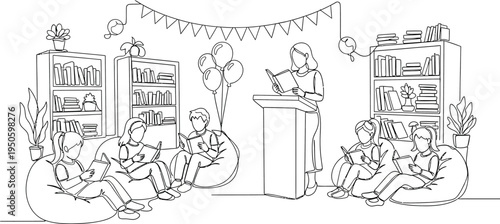 children reading books in library