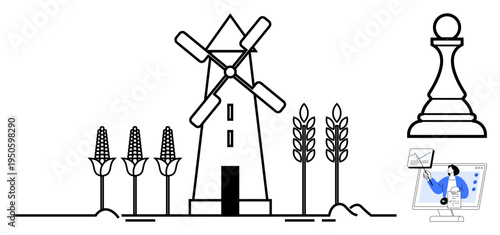 Windmill scenery. A traditional windmill and wheat evoke agriculture, paired with a chess pawn strategy and digital communication . Perfect for rural, strategy, and technology concepts. Suitable