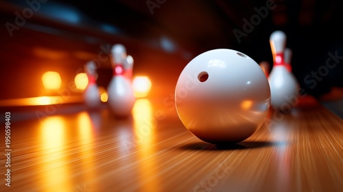 Closeup of a Bowling Ball Positioned on a Slick Wooden Lane Surface