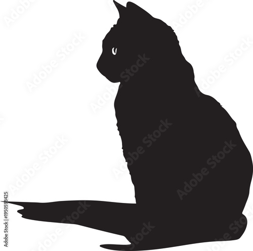 Black Cat Sitting Profile Silhouette with Shadow Vector