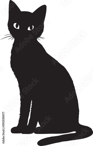 Black Cat Sitting Silhouette with Eyes Vector Illustration