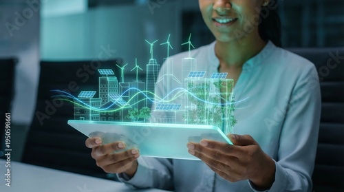 Professional woman holding a transparent tablet projecting a 3D hologram of an eco-friendly smart city with wind turbines and solar panels.