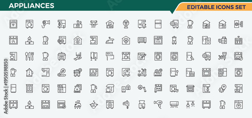 Appliances vector line icon set. Minimalist icons pack. Kitchen line icon set. Contain linear sign electronic, cooking, electric, kitchen, dishwasher and more.