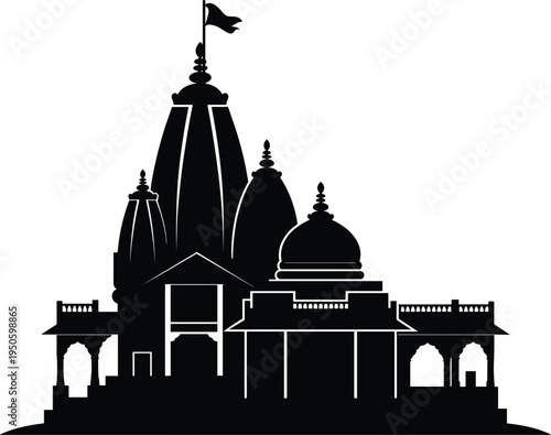 Hindu temple vector silhouette featuring traditional Indian architecture with sacred domes, religious flag and spiritual landmark
