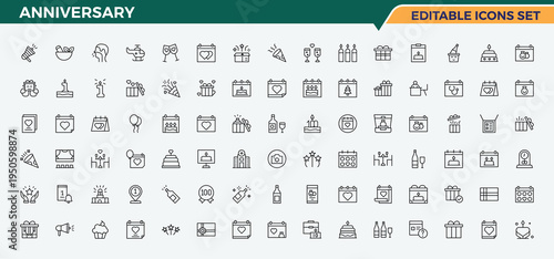 Anniversary line icon set. Event icon. Related to celebration, happy, party, fun, surprise, festival, present and more. Editable stroke collections.