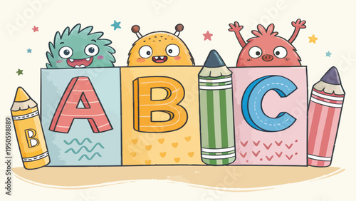 Monsters and abc blocks, playful illustration for early childhood education and learning fun, monster character, children education