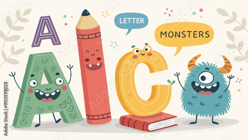 Cute monsters and letters a, b, c illustration - fun learning concept for children education, letter a, letter b, letter c
